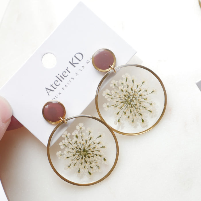 Boucles d'oreilles duo Estelle blanche et olive - rond (35mm)