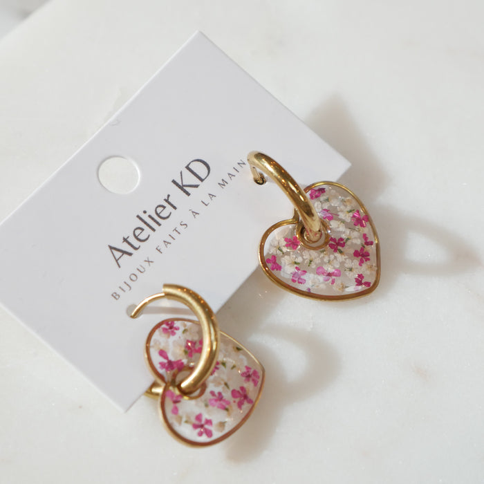 Boucles d'oreilles Dona - Coeur - fleurs blanche et rose