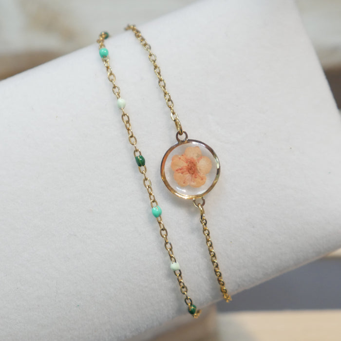 Bracelet Sofia double - orange et chaine verte