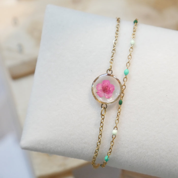 Sofia double bracelet - fuchsia and green chain