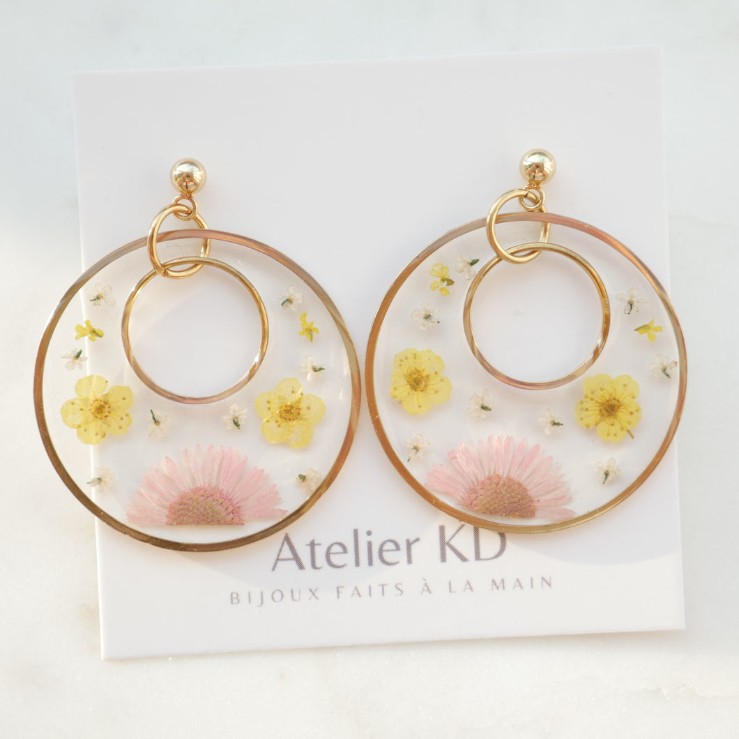 Boucles d'oreilles Thalia rose et jaune - rond  - (XL)