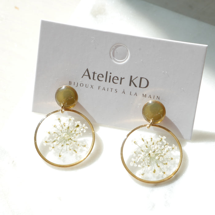 Boucles d'oreilles duo Estelle blanche et olive - rond (35mm)