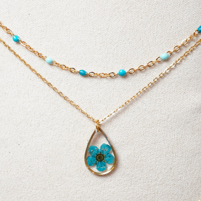 Collier Sofia double - goute fleur bleu et chaine bleu