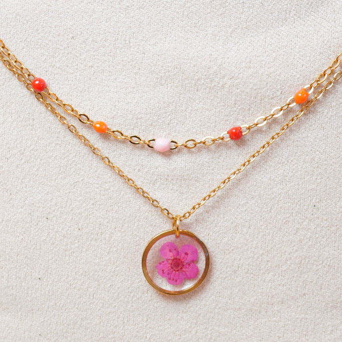 Collier Sofia double - rond fleur fuchsia  et chaine rose