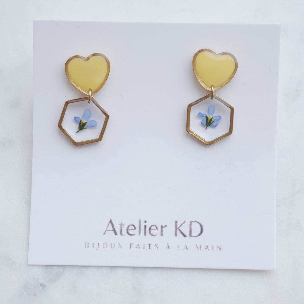 Boucles d’oreilles duo myosotis - coeur jaune (mini)