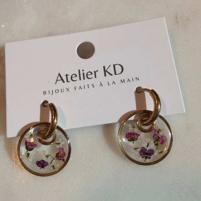 Boucles d'oreille Dona - rond 16mm - Fleurs de carottes blanches et Alyssum mauve